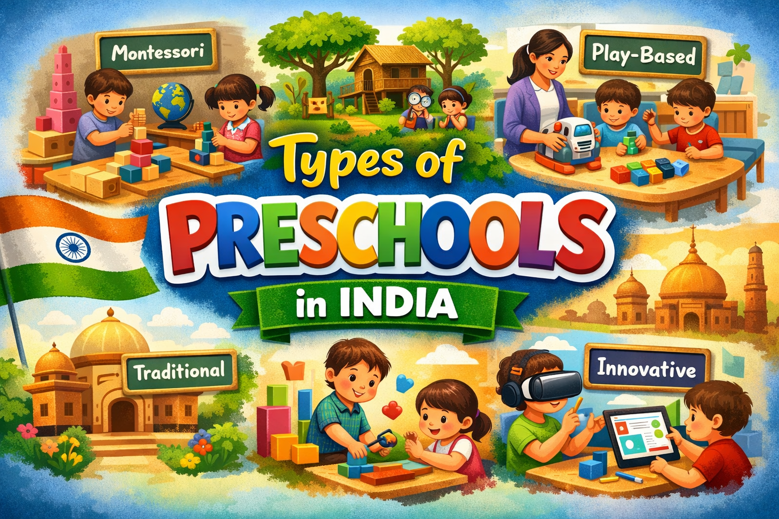 Children learning in different preschool in India classroom setup