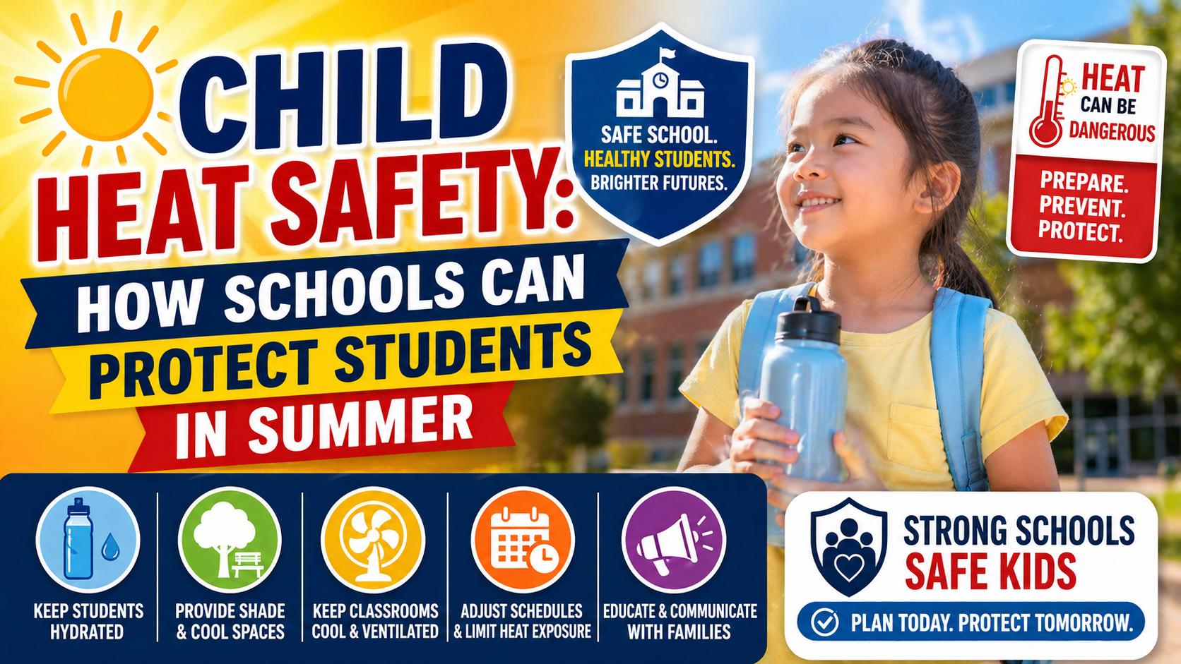 School children staying safe from heat during summer with proper hydration and shade protection