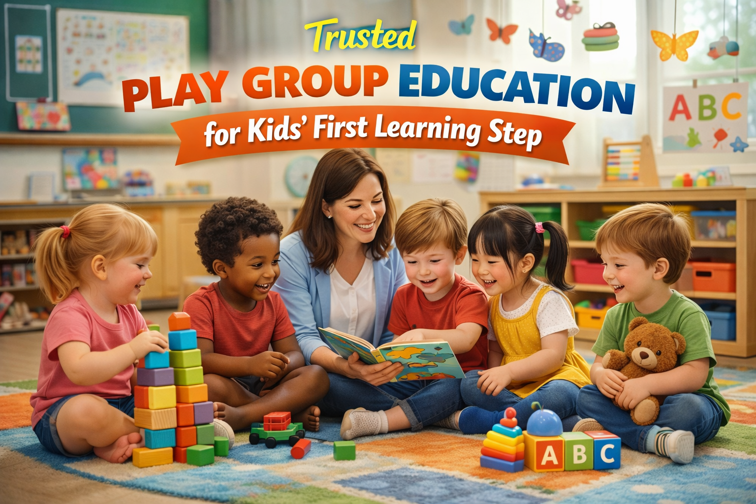 A realistic classroom scene showing a teacher reading to young children sitting together on a colorful rug, engaging happily in play school education as their first learning step.