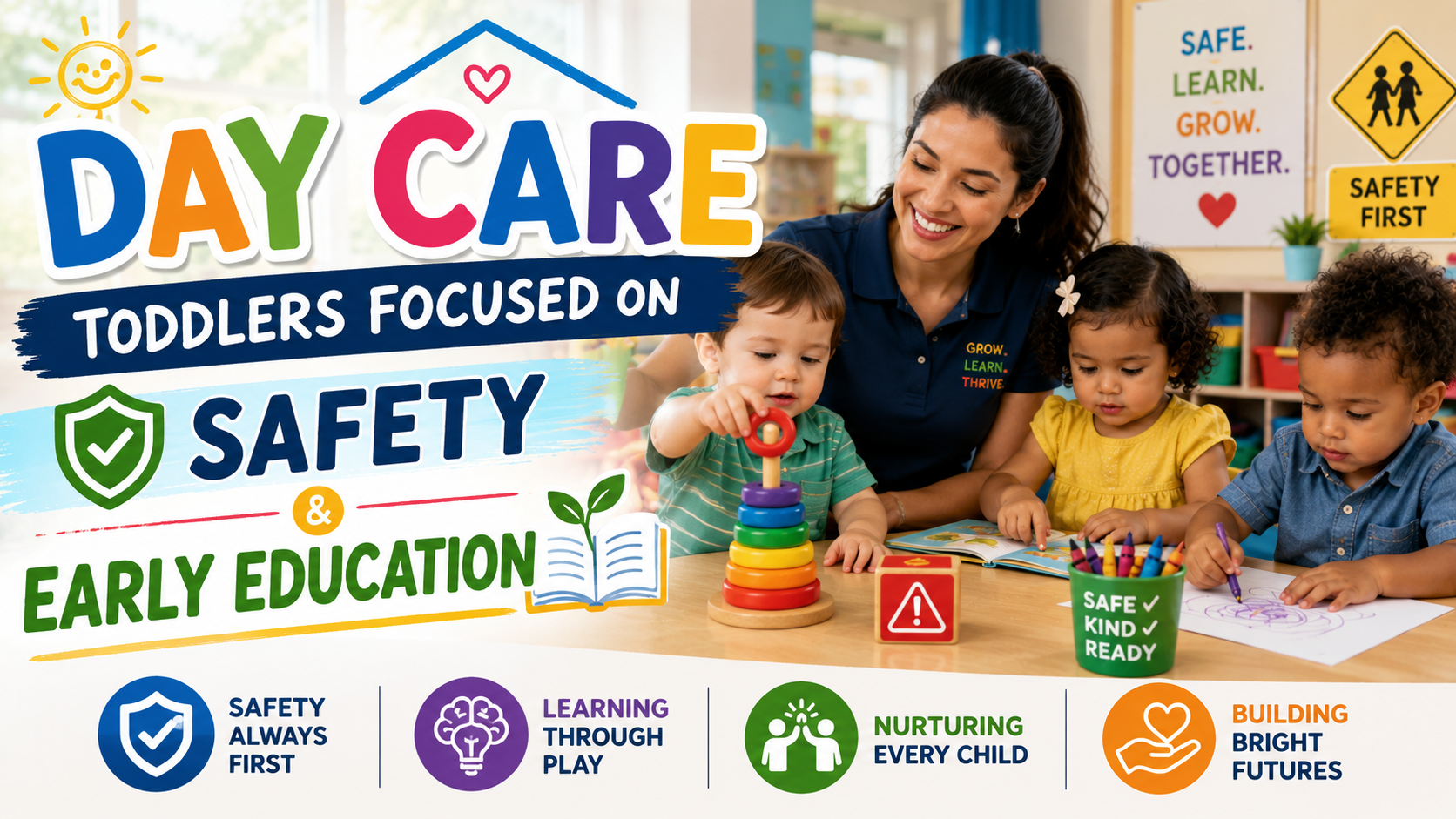 Toddlers learning and playing safely in a modern day care classroom