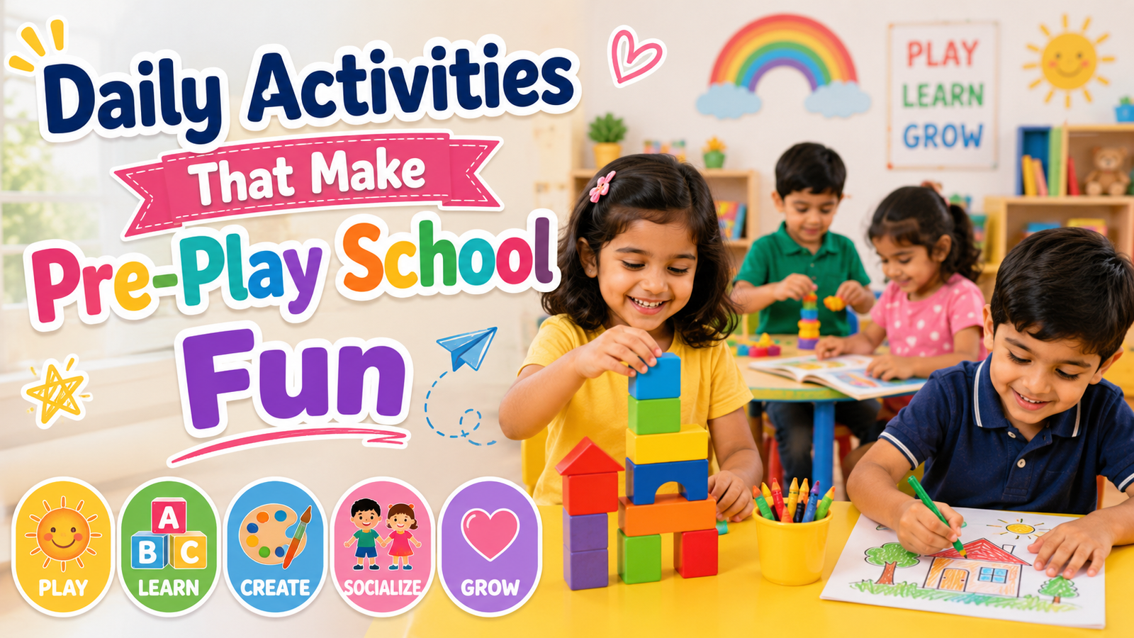 Children enjoying fun daily activities at a pre-play school, including learning, creative play, storytelling, music, and group games in a colorful classroom.